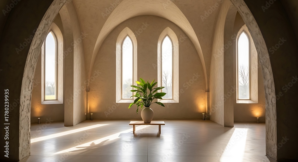 Obraz premium Grand Hallway with Arched Windows and Sunlight Beams architecture interior