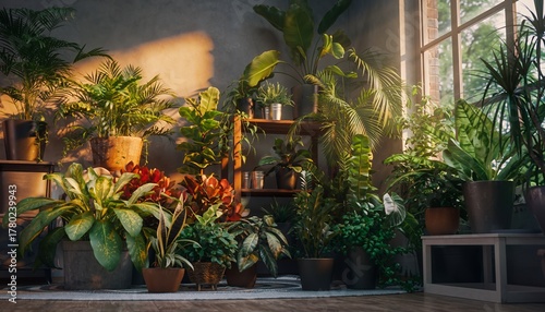 Potted Green Plants in Warm Light Filled Room Interior