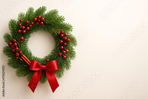 A beautifully crafted pine wreath with red berries, a cinnamon stick. Soft-focus background in a light creamy color, providing maximum space for copy.