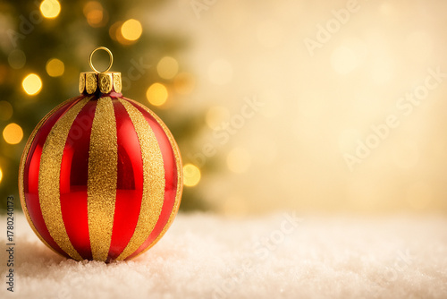 A single, large, beautifully decorated glass Christmas ornament with red and gold stripes, rests on a soft bed of white snow. The ornament reflects a soft, out-of-focus Christmas tree.