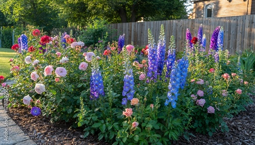 Colorful Flower Garden with Blue Delphinium and Pink Roses in Evening Light