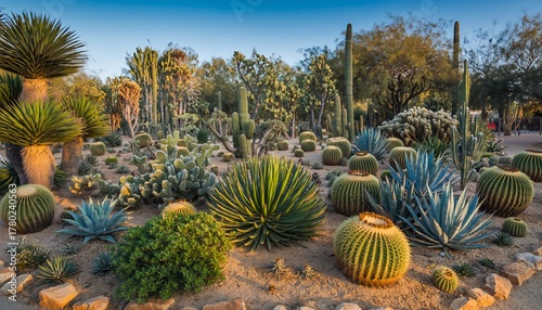 Cactus Garden with Blue Sky, Succulent Plants in Desert Landscape