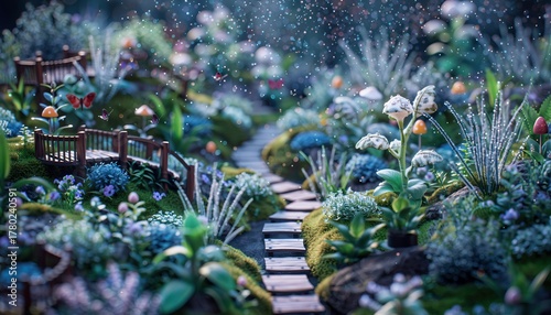 Miniature Fairy Garden with Wooden Bridge and Pathway in Enchanted Setting