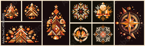 Set of  Christmas cards with modern geometric patterns in soft warm design on black background, featuring Christmas tree, snowflake, bells and North Star