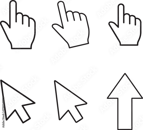 Collection of six cursor icons showing hand pointer arrow and loading symbol on white background