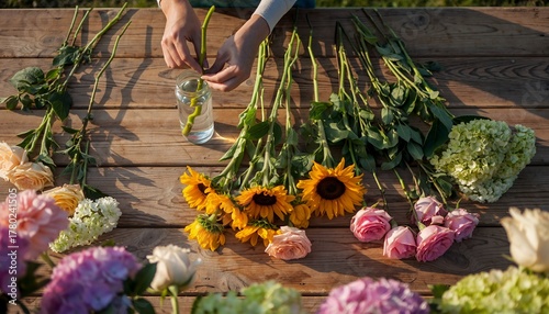 Person Arranging Sunflowers and Roses on Wooden Table in Natural Light