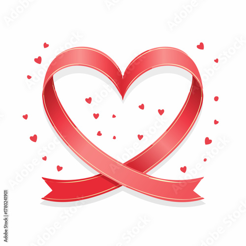 Red ribbon heart with small hearts around it on white background.