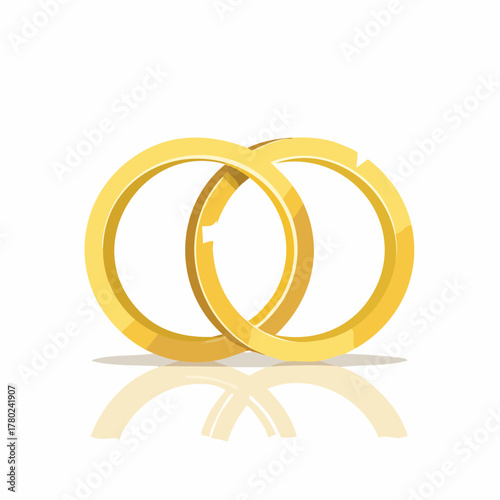 Two golden wedding rings interlocked, symbolizing marriage and commitment, with a reflection on a white background.