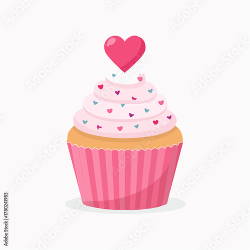 A cute cupcake with pink frosting and a heart on top, perfect for Valentine's Day.