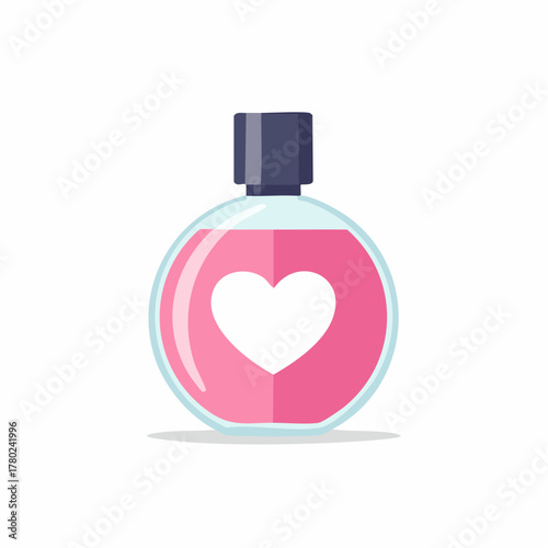 A round glass bottle of pink perfume with a white heart symbol on it.