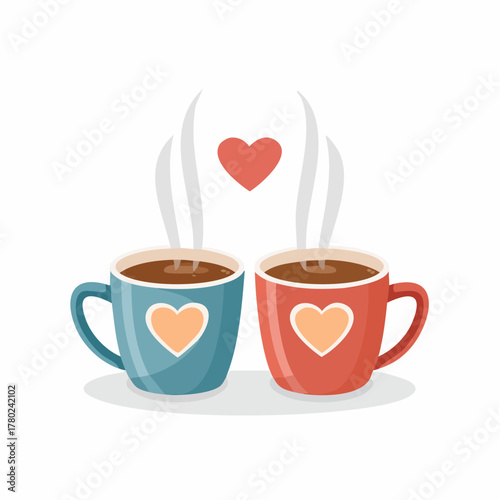 Two colorful coffee mugs with hearts sharing a moment of love and warmth.