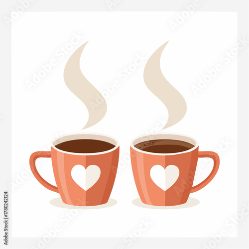Two mugs of coffee with heart shapes on them, steam rising from the hot beverage.