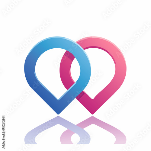 Two intertwined location pins, one blue and one pink, symbolizing connection and partnership.