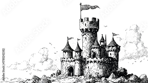 Majestic Castle with Flag in Black and White Drawing