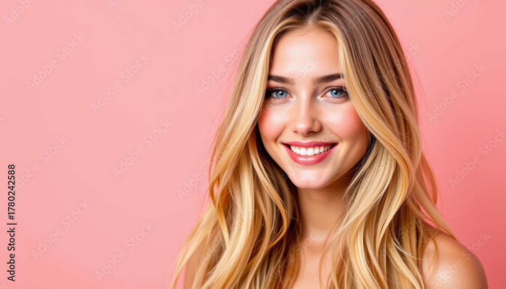 Fototapeta premium A photo of a smiling young woman with long blonde hair against a pastel flat background with ample copy space at the top and botto