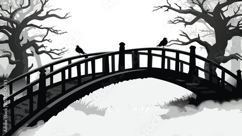 Eerie silhouette of birds perched on a bridge in a misty forest, creating a mysterious and serene scene