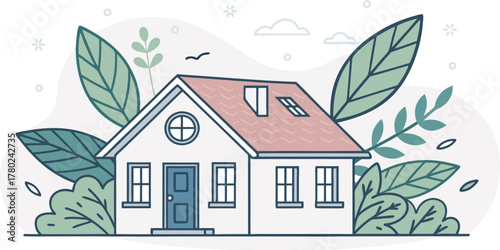 Charming minimalist house illustration surrounded by lush greenery and whimsical clouds, perfect for real estate or lifestyle concepts.