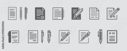 Set of document and writing utensil icons showing various actions and status