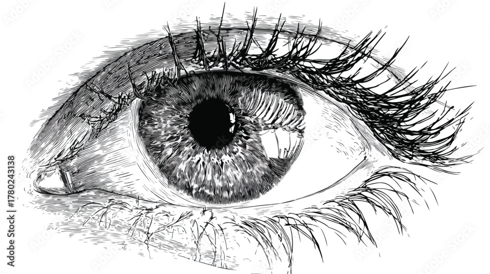 Fototapeta premium Detailed Black and White Human Eye Vector Illustration with Outline