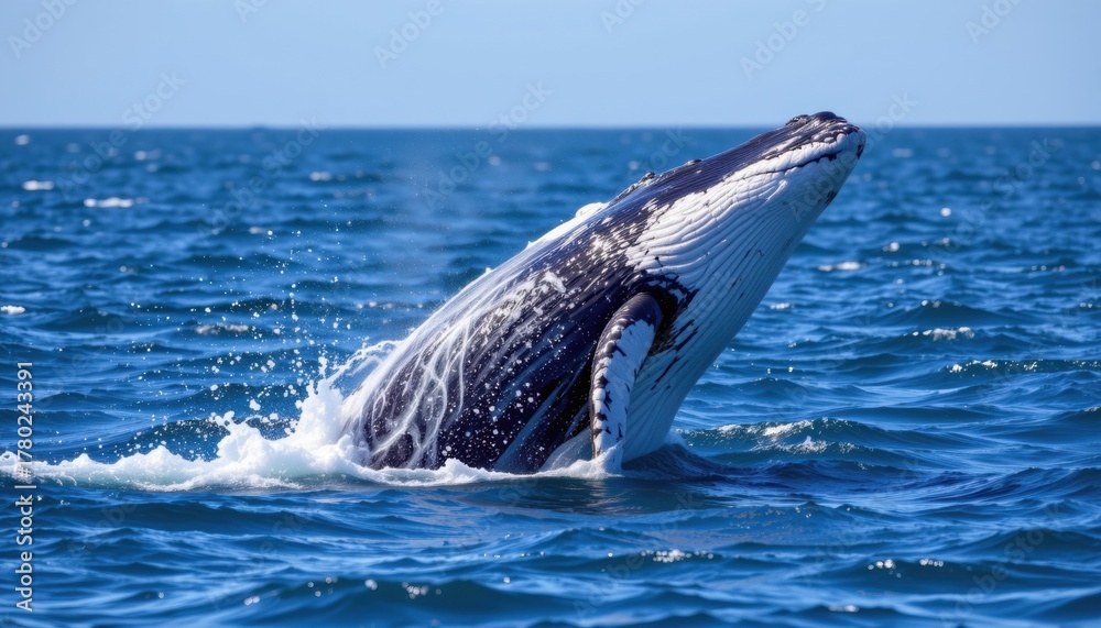 Fototapeta premium A clear and well defined image of a humpback whale breaching the water