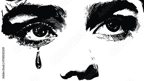 Monochrome Portrait with Tear Drop - Emotional Face Expression Concept