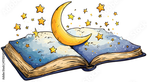 Enchanting Book Design with Moon and Stars Vector Illustration