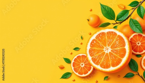 Fototapeta Naklejka Na Ścianę i Meble -  A vibrant and colorful illustration featuring various citrus fruits on a goldenrod background