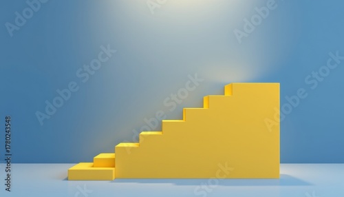 A minimal style 3D rendering illustration of an abstract staircase on a blue background with a white block design