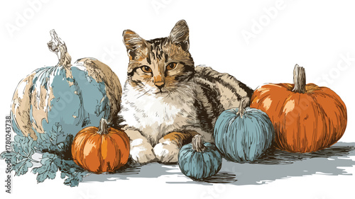 Cute Cat Sitting Next to Pumpkins on White Background Vector Illustration