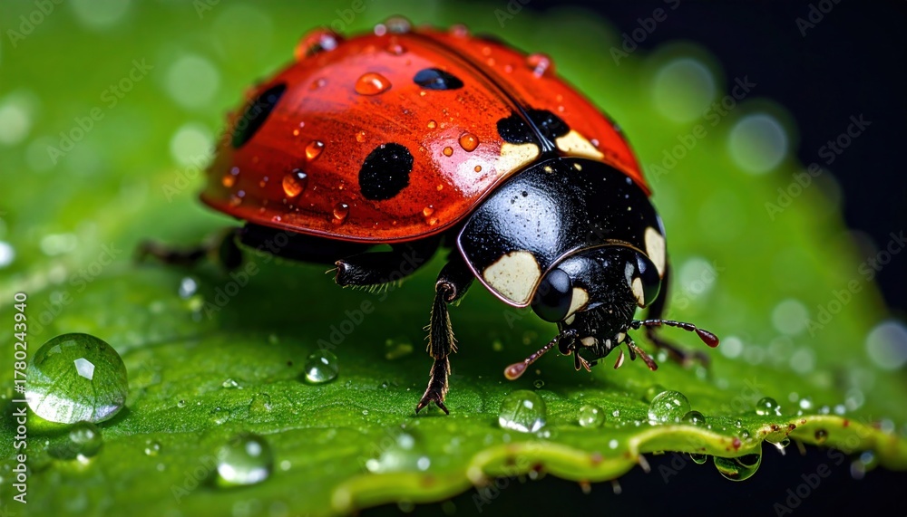 Obraz premium Ladybug on Wet Leaf.