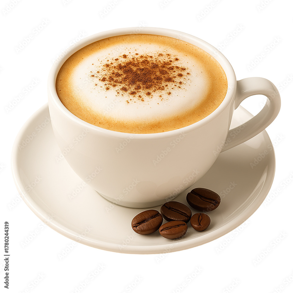 Fototapeta premium Creamy Cappuccino – Freshly Brewed Coffee with Frothy Milk and Cocoa Dust