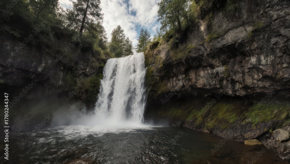 Fototapeta premium Majestic waterfall cascading into a pool surrounded by lush greenery & rocky cliffs, sky visible