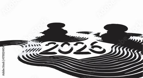 Bold 2025 text emerging from abstract flowing water waves, symbolizing future and transition.