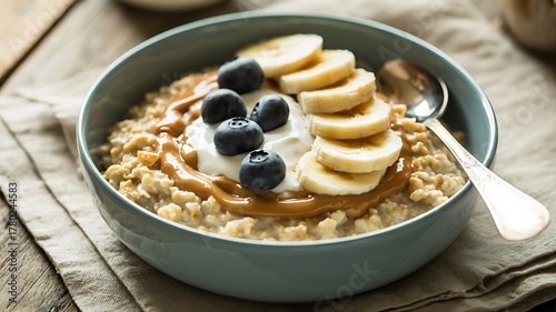 Healthy Oatmeal Bowl with Yogurt, Peanut Butter, Blueberries, and Banana Slices