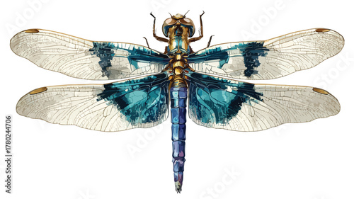 Detailed Vector Drawing of Dragonfly with Blue Tail - Outline Style