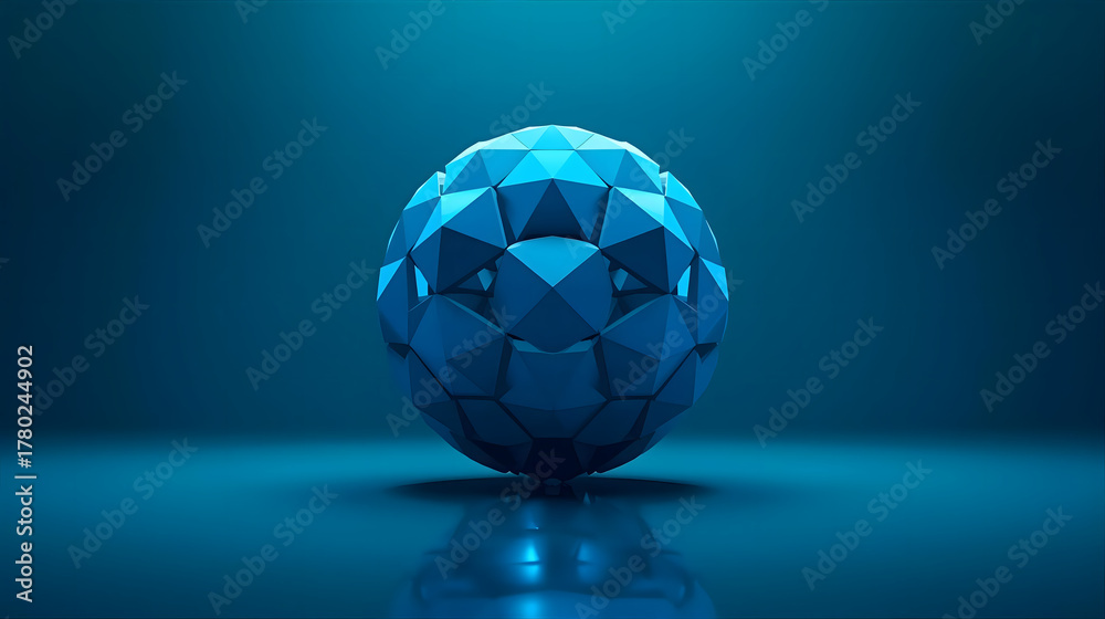 Fototapeta premium A stylized, geometric sphere composed of blue triangular facets, set against a gradient background.