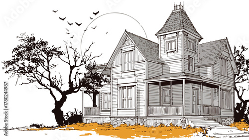 Detailed Illustration of a House with a Haunted House, Spooky Building Artwork