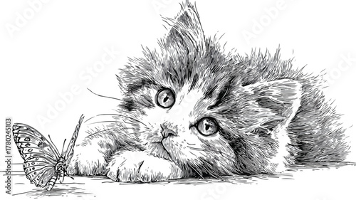 Adorable Kitten with Butterfly Illustration for Creativity and Joy