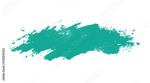 Teal paint splatter and brush stroke texture on white background with scattered droplets and rough edges