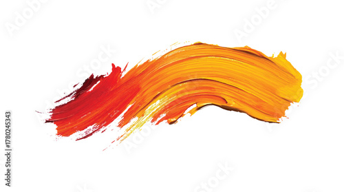 Thick textured red orange yellow paint brush stroke smear on white background with visible bristle marks and layered color