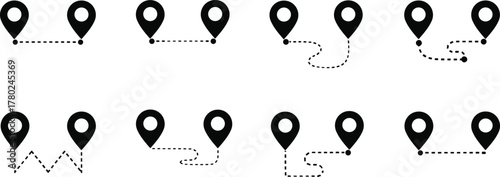 Map route icons set, GPS location symbols, navigation outline, travel direction, destination path, road trip, journey, guide, wayfinding, marker