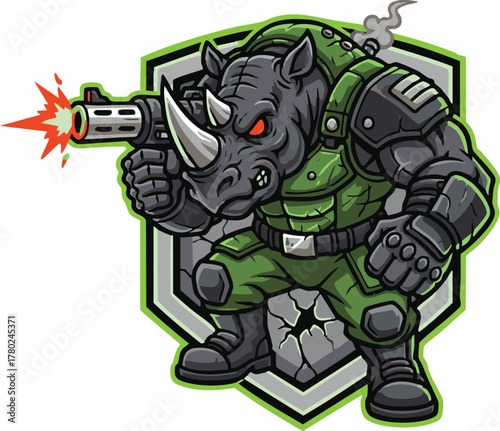Cartoon rhino soldier with gun, wearing armor, against a shield background.