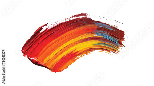 Thick textured brush stroke paint smear in vibrant red orange yellow and blue hues on a white background
