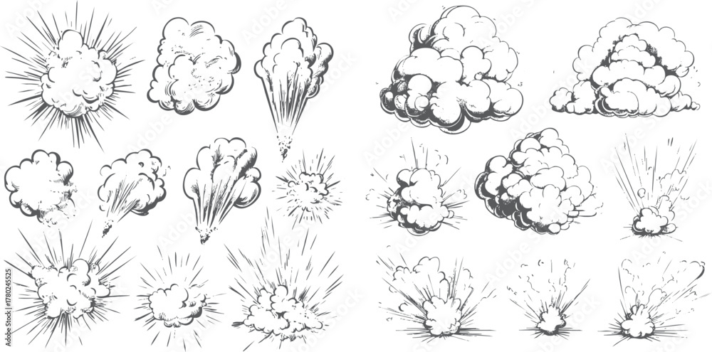 Fototapeta premium Collection of hand drawn comic book style explosion and smoke cloud illustrations in monochrome blast