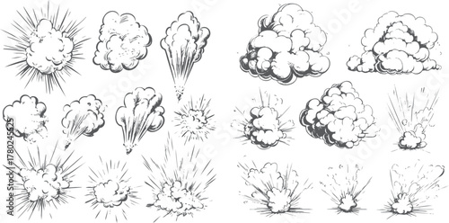 Collection of hand drawn comic book style explosion and smoke cloud illustrations in monochrome blast