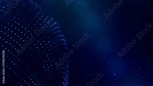 Digital blue rotating particle sphere background loop. Connected dots for global data, led fiber rays, tech background.