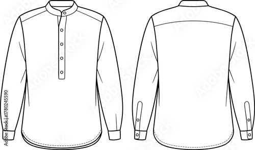 Mandarin collar shirt, long sleeve casual men’s shirt, button placket front, cuff buttons, rounded hem design, classic style, CAD drawing, flat vector illustration