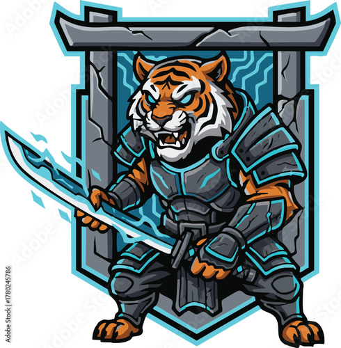 A fierce tiger warrior in full armor, wielding a glowing energy sword, ready for battle.