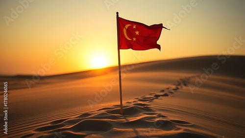 sedition. Broken flagpole in sandy ground with retreating footprints, sunset symbolic of surrender. inspiring travel planning.