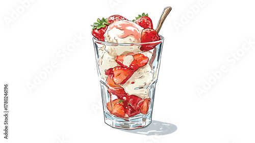 Delicious Glass of Ice Cream with Fresh Strawberries and Vector Strawberries